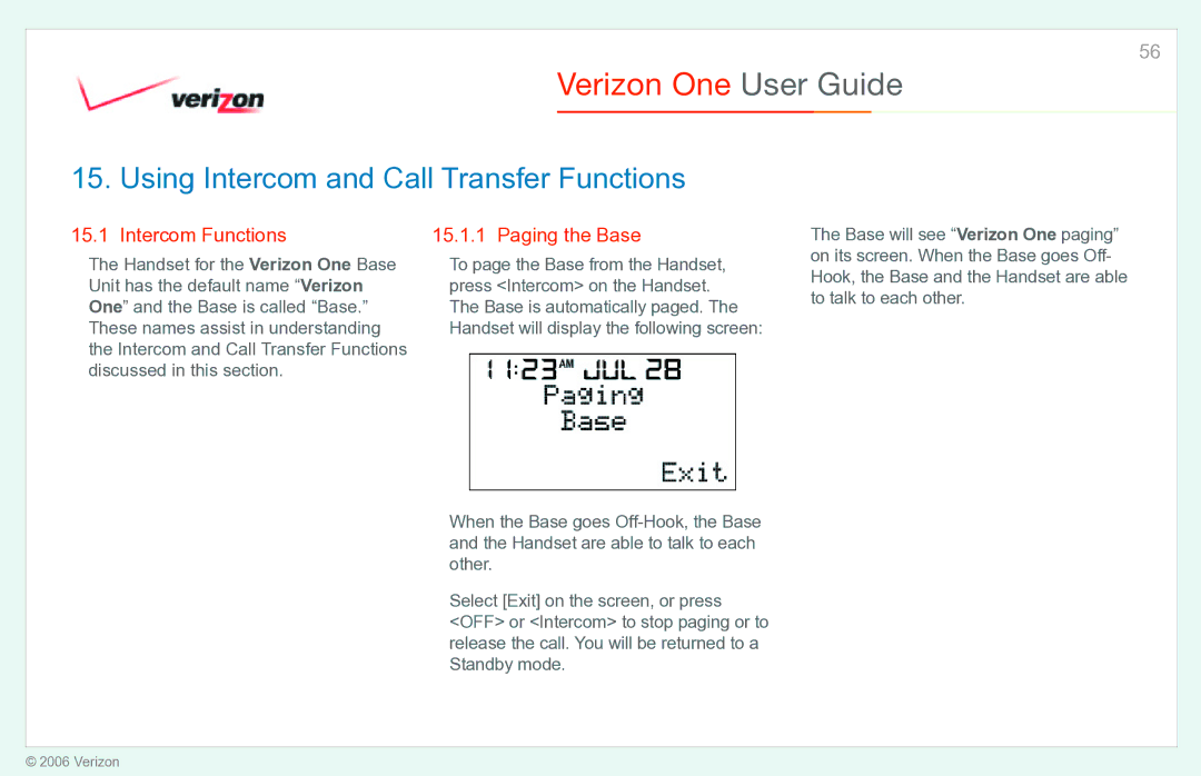 Verizon Verizon One manual Using Intercom and Call Transfer Functions, Intercom Functions Paging the Base 