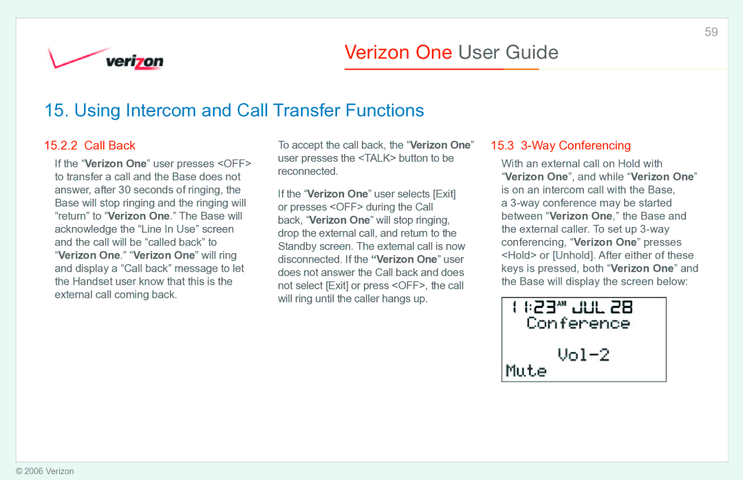 Verizon Verizon One manual Call Back, 15.3 3-Way Conferencing, With an external call on Hold with 