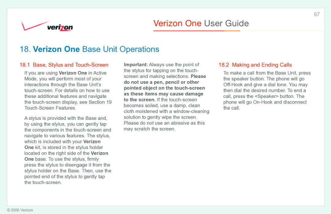 Verizon manual Verizon One Base Unit Operations, Base, Stylus and Touch-Screen, Making and Ending Calls 