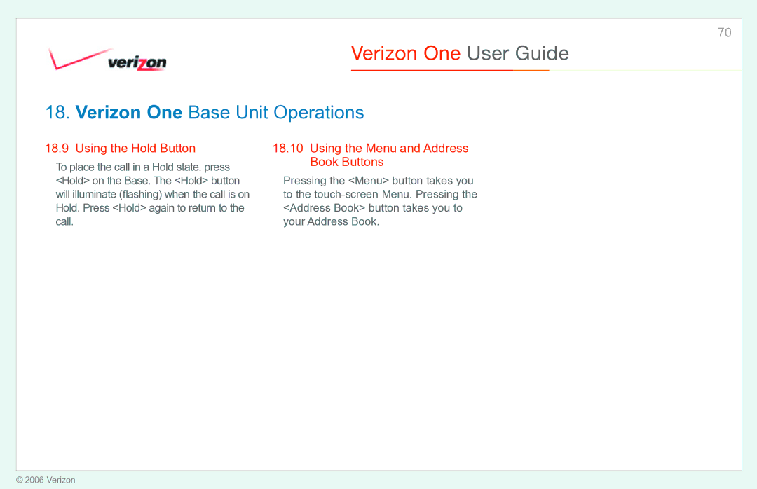 Verizon Verizon One manual Using the Hold Button, Using the Menu and Address Book Buttons 