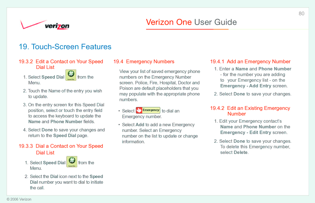 Verizon Verizon One Edit a Contact on Your Speed Dial List, Dial a Contact on Your Speed Dial List, Emergency Numbers 