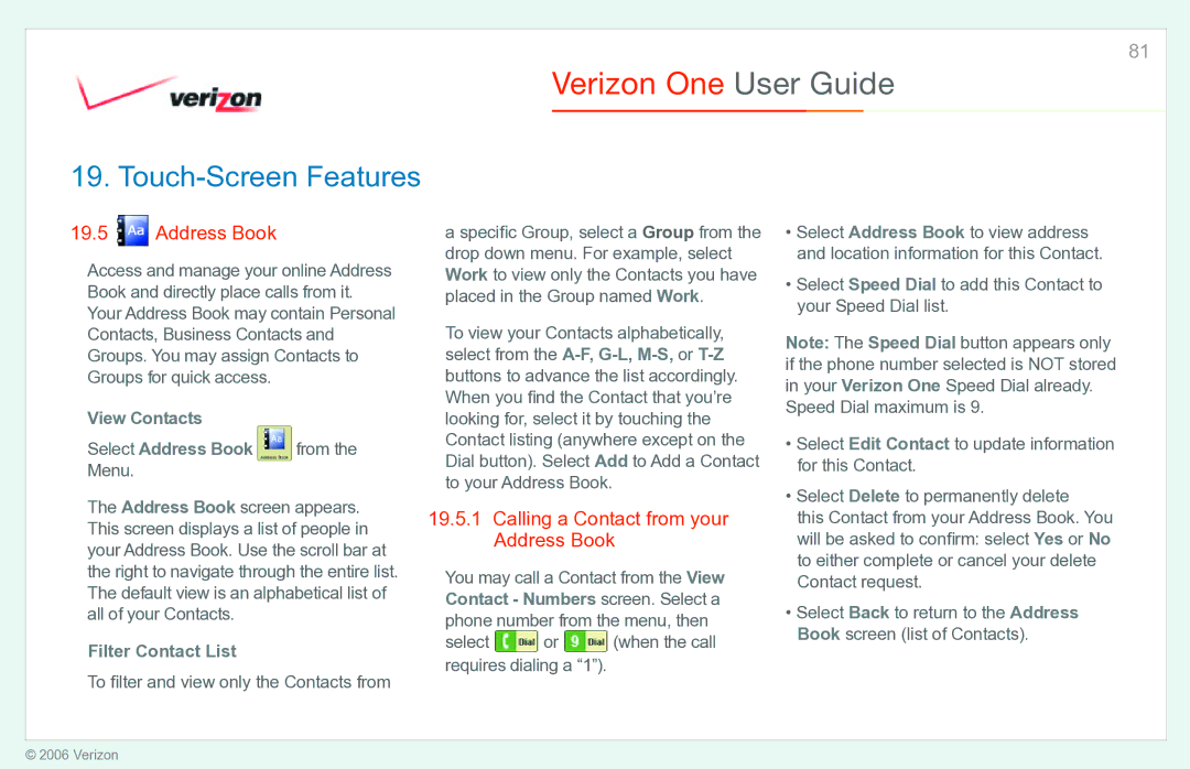 Verizon Verizon One manual Calling a Contact from your Address Book, View Contacts Select Address Book, Menu 