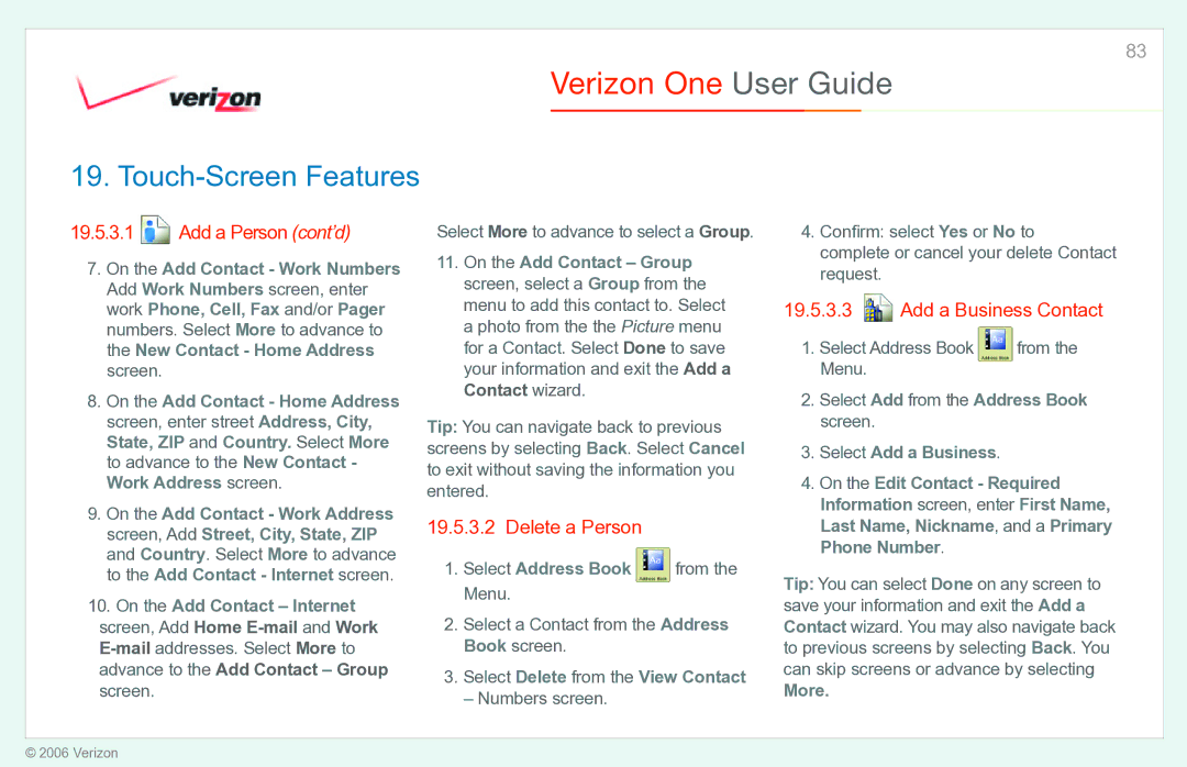 Verizon Verizon One Add a Person cont’d, Delete a Person, Add a Business Contact, Select Delete from the View Contact 