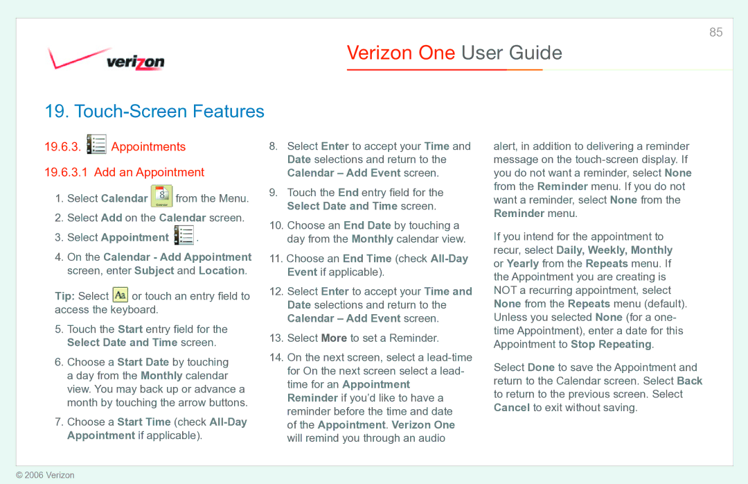 Verizon Verizon One Appointments 19.6.3.1 Add an Appointment, Choose a Start Time check All-Day Appointment if applicable 