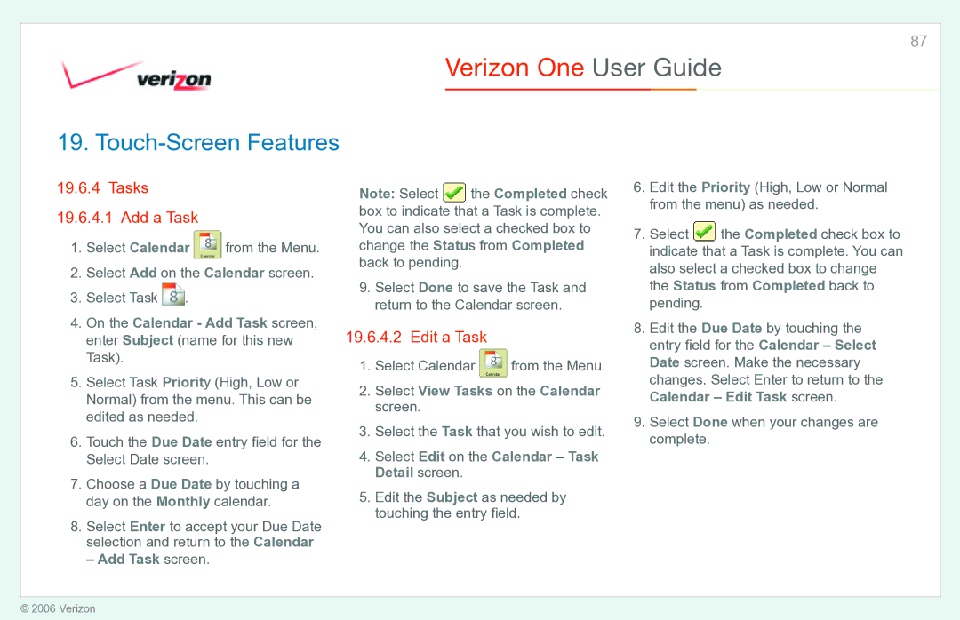 Verizon Verizon One manual Tasks Add a Task, Edit a Task, Add Task screen, Select Edit on the Calendar Task Detail screen 