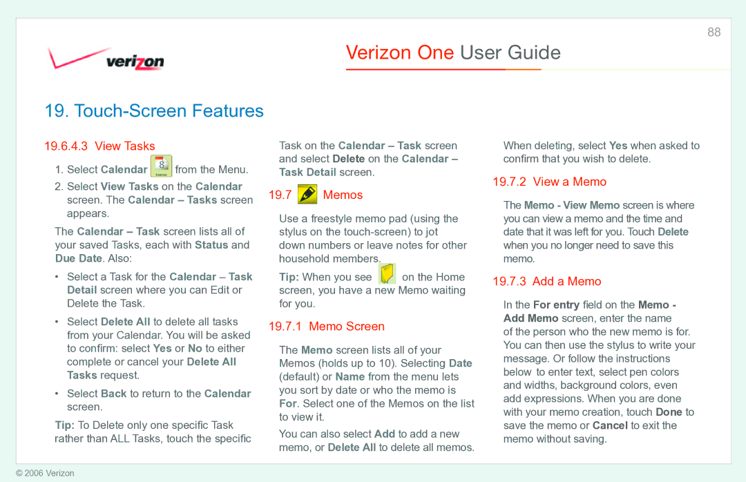 Verizon Verizon One manual View Tasks, Memos, Memo Screen, View a Memo, Add a Memo 