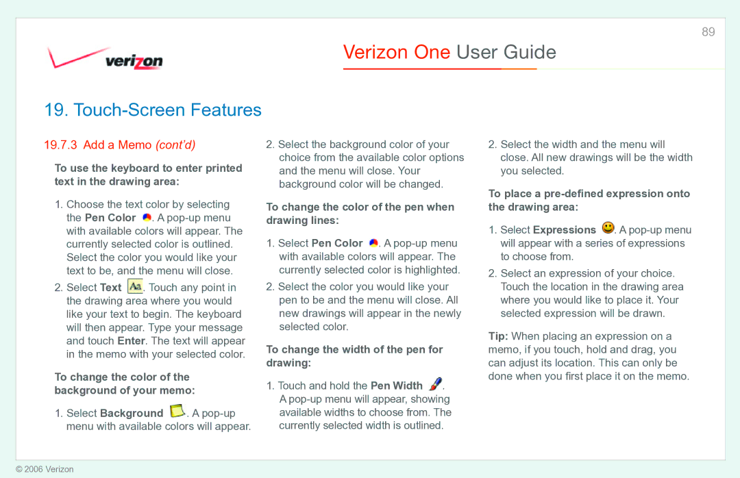 Verizon Verizon One manual Add a Memo cont’d, To change the color of the background of your memo 