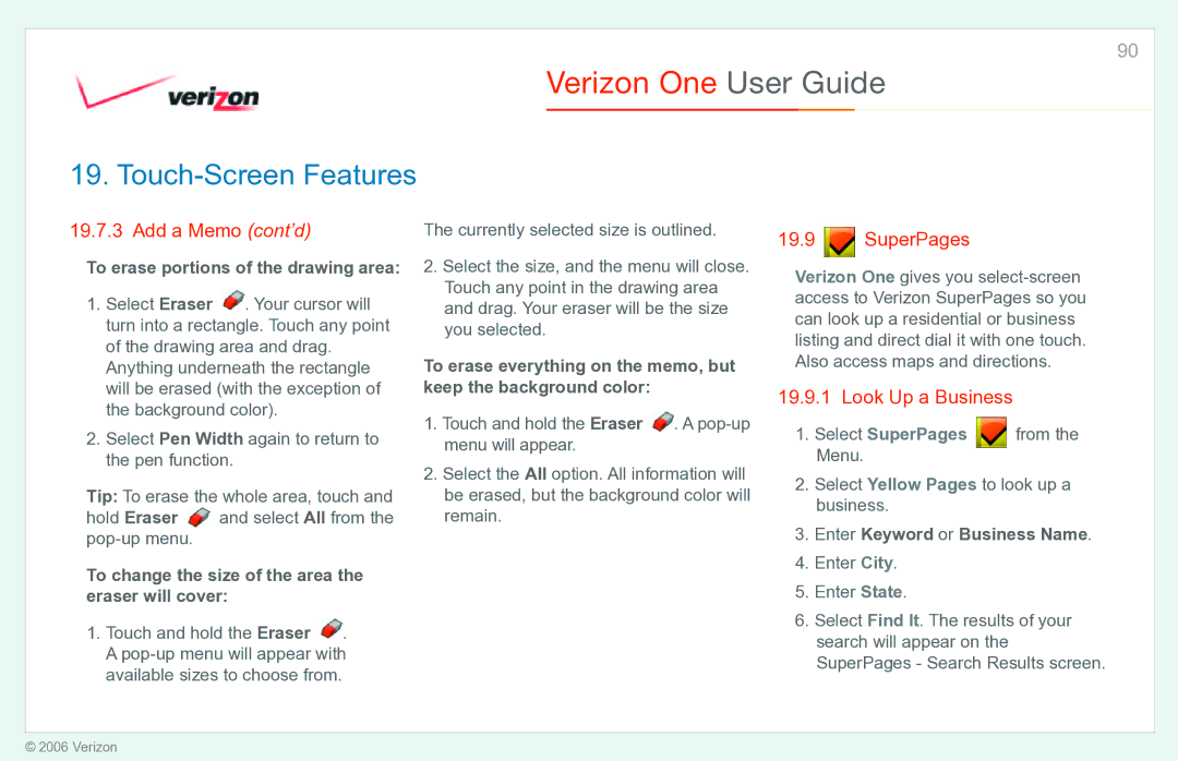 Verizon Verizon One SuperPages, Look Up a Business, To erase portions of the drawing area, Enter Keyword or Business Name 