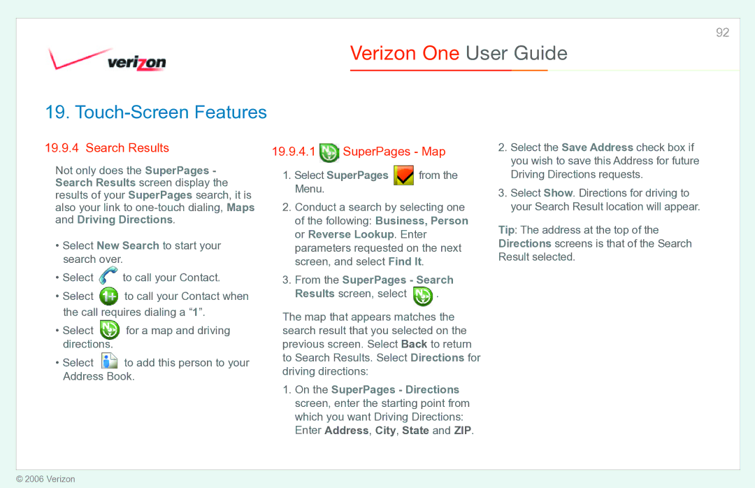 Verizon Verizon One manual Search Results, SuperPages Map, From the SuperPages Search 