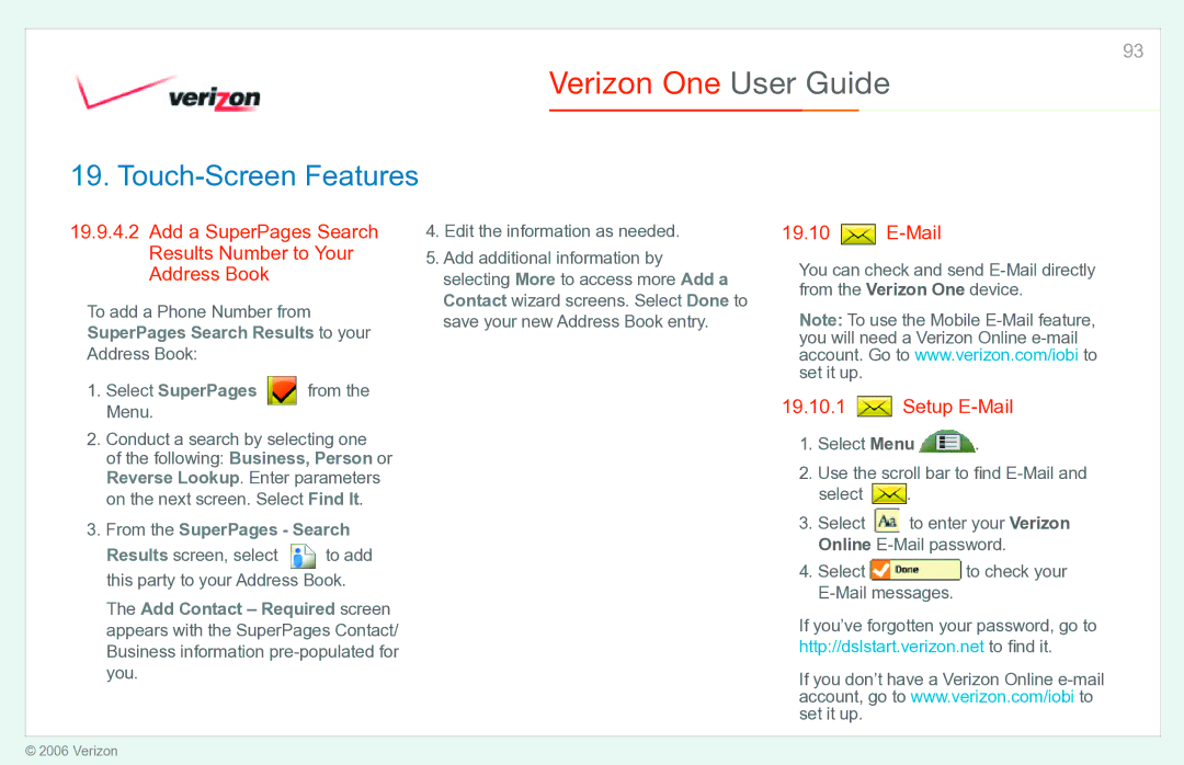 Verizon Verizon One manual Add a SuperPages Search Results Number to Your Address Book, Setup E-Mail 