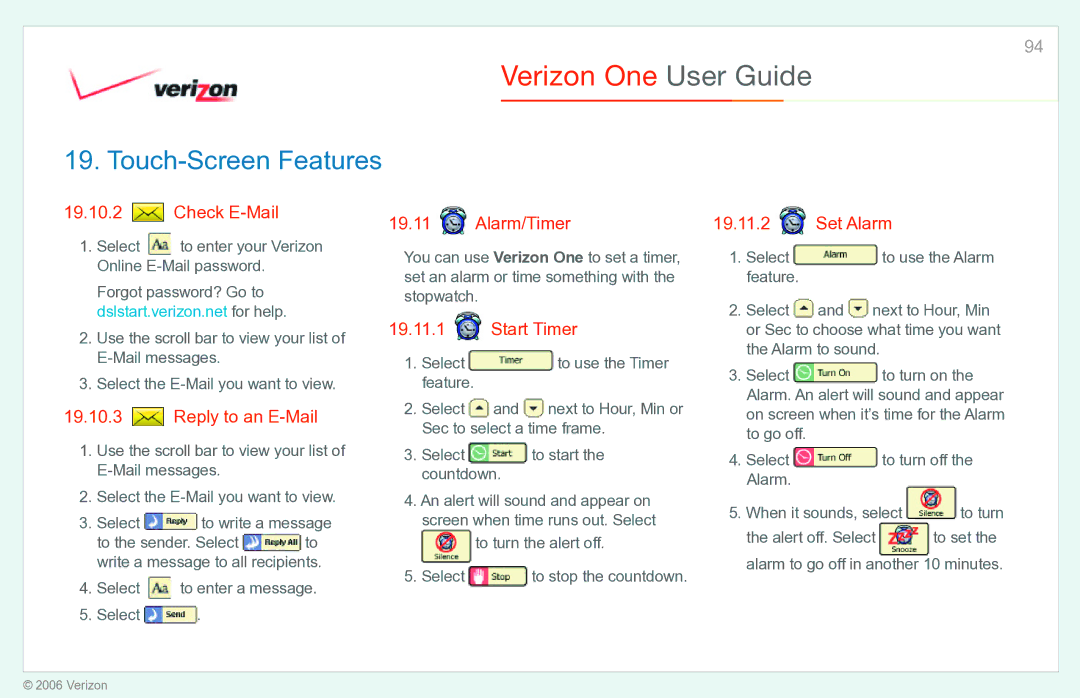 Verizon Verizon One manual Check E-Mail, Reply to an E-Mail, Alarm/Timer, Start Timer, Set Alarm 