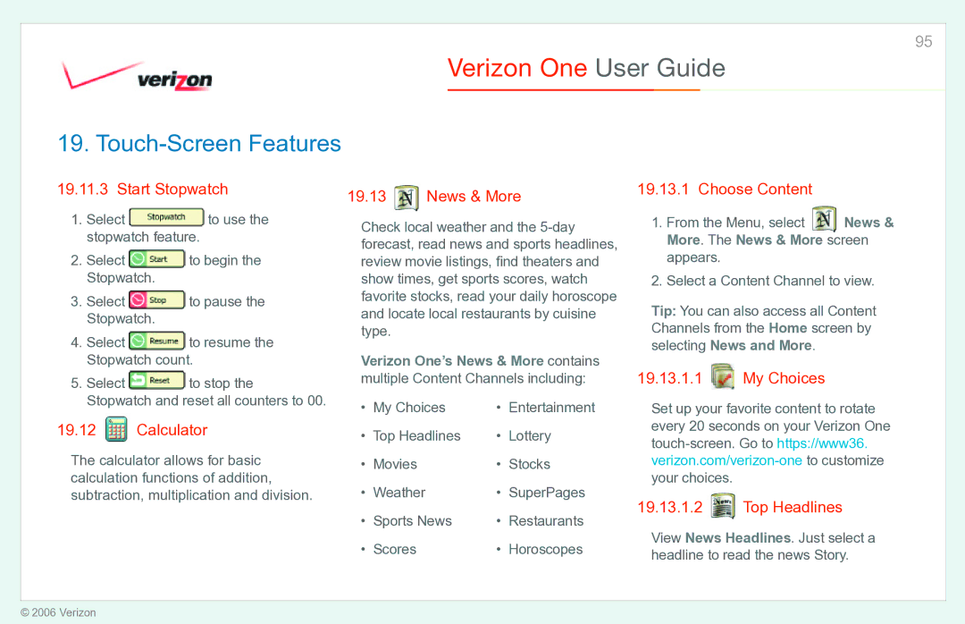 Verizon Verizon One manual Start Stopwatch, Calculator, News & More, Choose Content, My Choices Top Headlines 