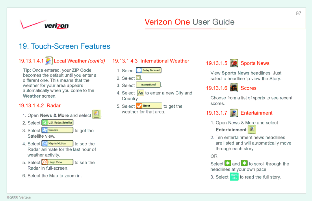 Verizon Verizon One manual Local Weather cont’d, International Weather, Sports News, Scores, Radar, Entertainment 