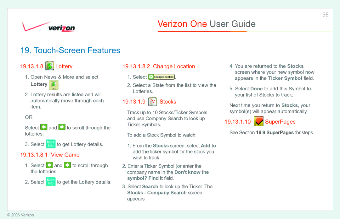 Verizon Verizon One manual Lottery Change Location, View Game, Stocks 