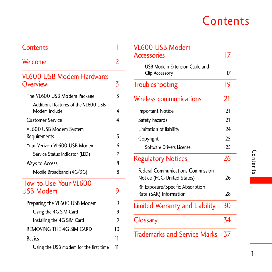 Verizon VL600 manual Contents 