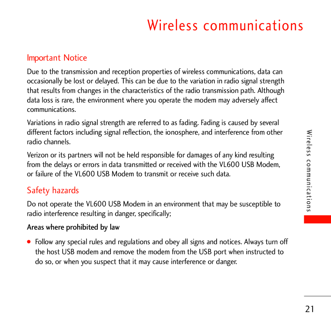 Verizon VL600 manual Wireless communications, Important Notice, Safety hazards, Areas where prohibited by law 