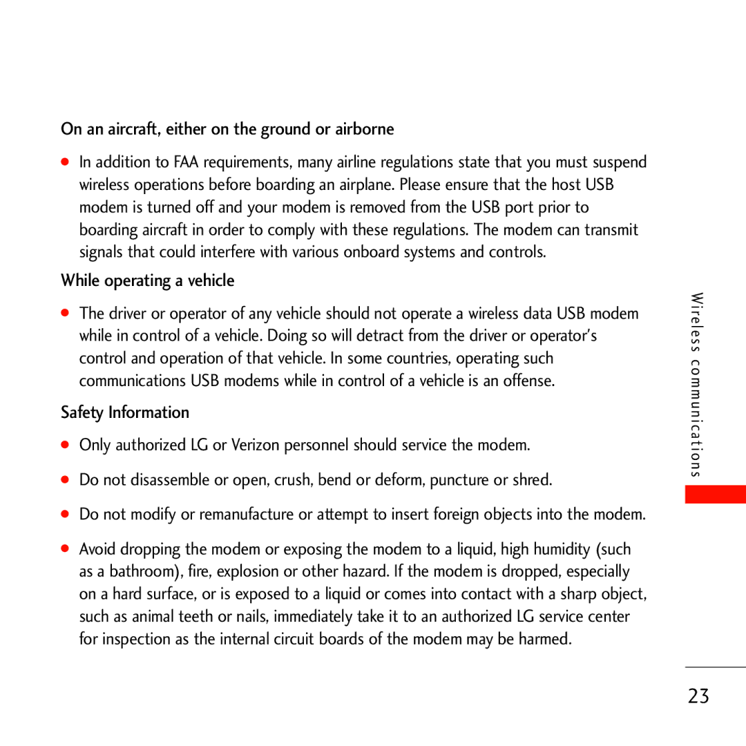 Verizon VL600 manual On an aircraft, either on the ground or airborne, While operating a vehicle, Safety Information 