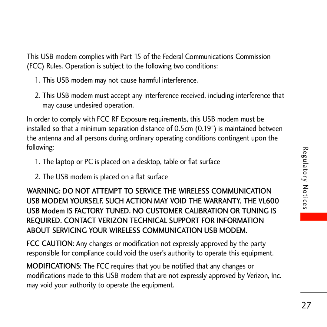 Verizon VL600 manual Regulatory Notices 