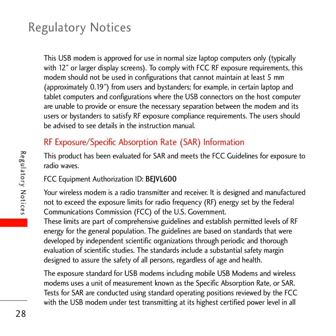 Verizon VL600 manual Regulatory Notices, RF Exposure/Specific Absorption Rate SAR Information 