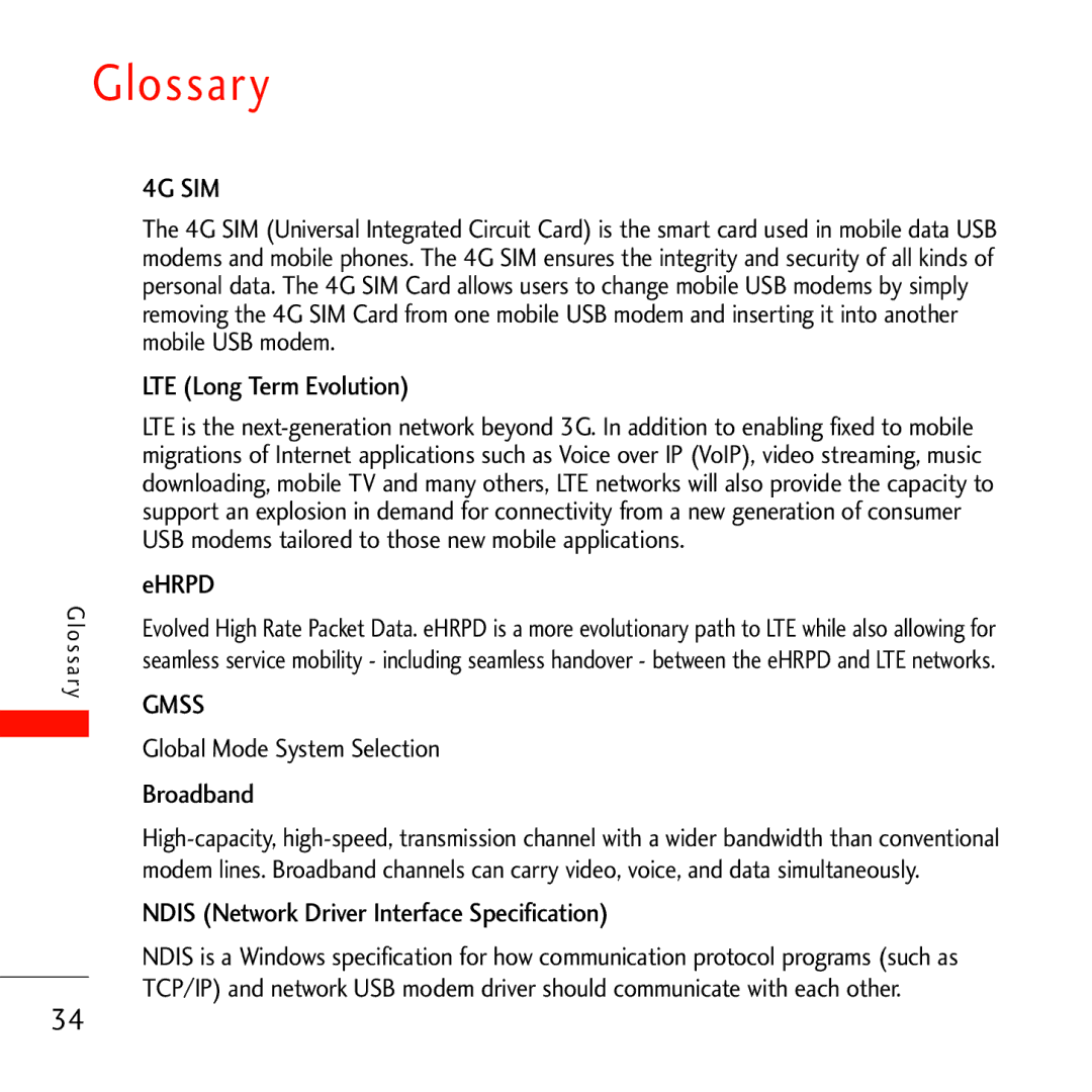 Verizon VL600 manual Glossary, LTE Long Term Evolution, Ehrpd, Broadband, Ndis Network Driver Interface Specification 