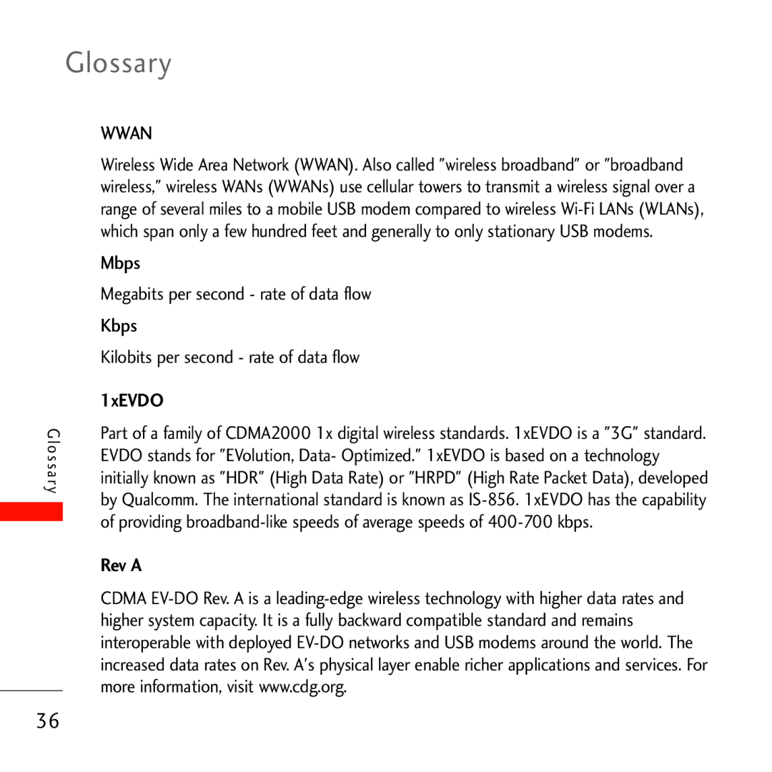 Verizon VL600 manual Glossary, Mbps, Kbps, 1xEVDO, Rev a 