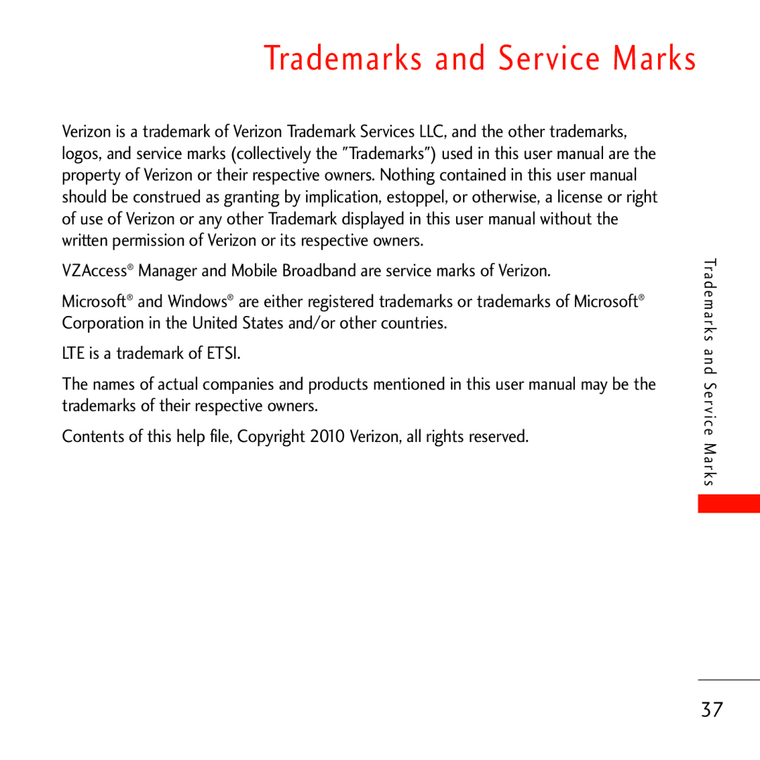 Verizon VL600 manual Trademarks and Service Marks 