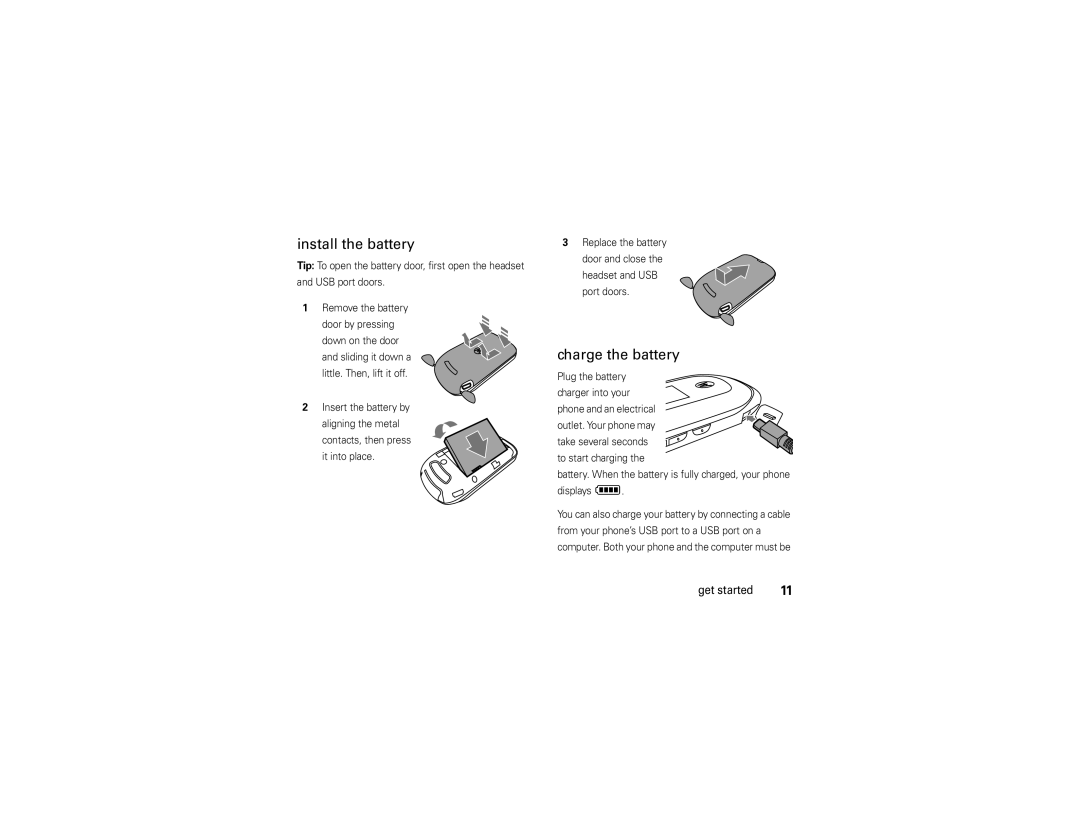 Verizon VU204 manual Install the battery, Charge the battery, Outlet. Your phone may 