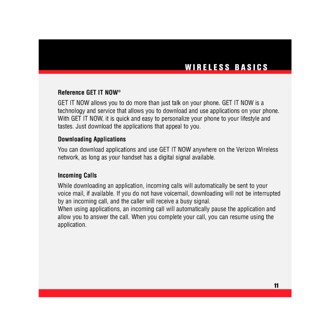 Verizon VX5300 manual Reference GET IT NOW, Downloading Applications, Incoming Calls 