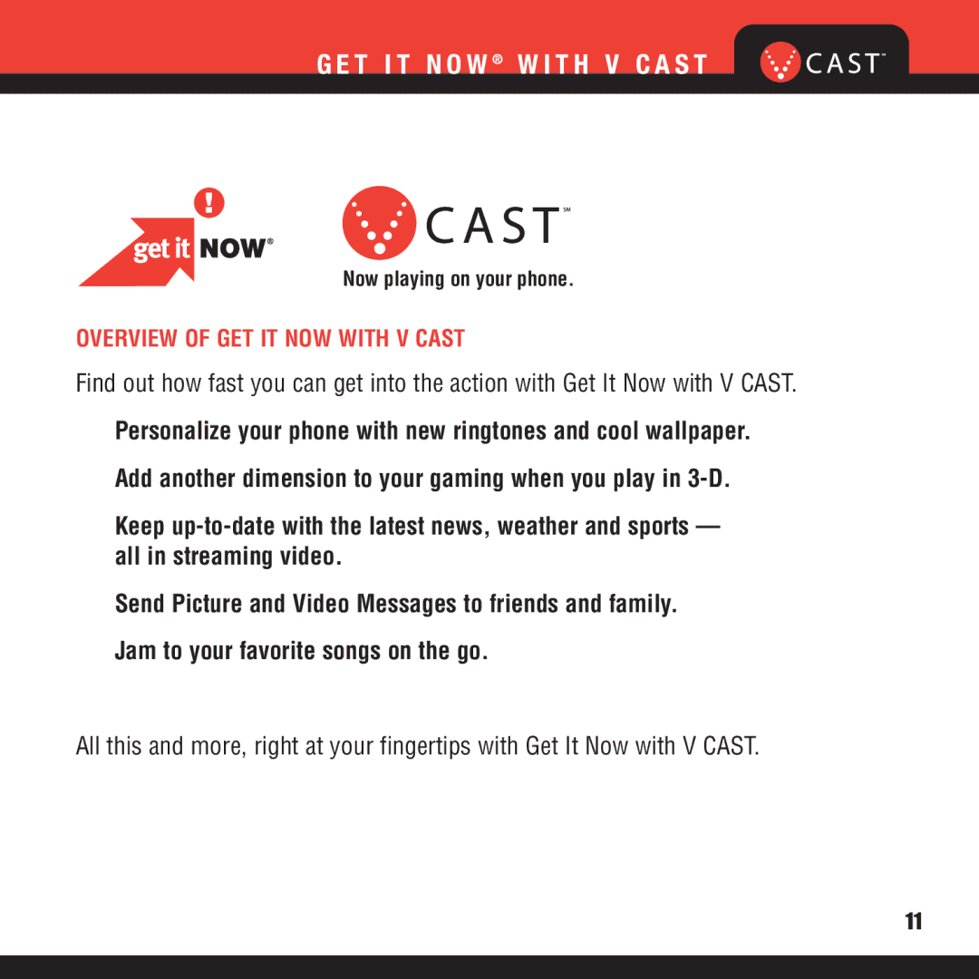 Verizon VX8100 manual T I T N O W W I T H V C a S T, Overview of GET IT NOW with V Cast 