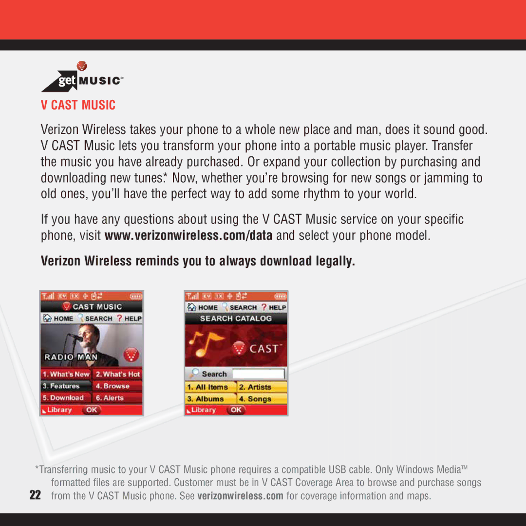 Verizon VX8100 manual Verizon Wireless reminds you to always download legally, Cast Music 