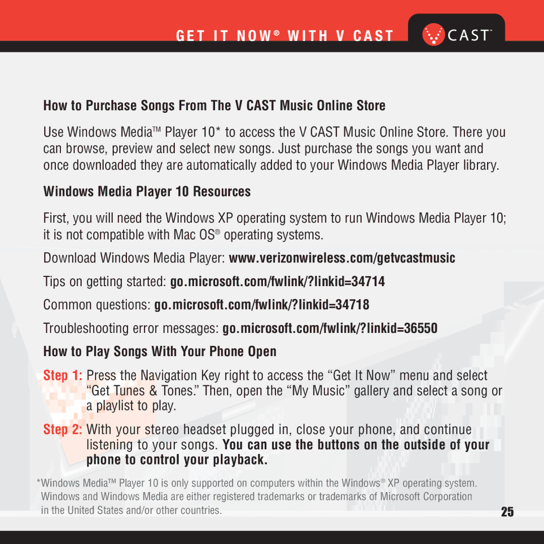 Verizon VX8100 manual How to Purchase Songs From The V Cast Music Online Store, Windows Media Player 10 Resources 