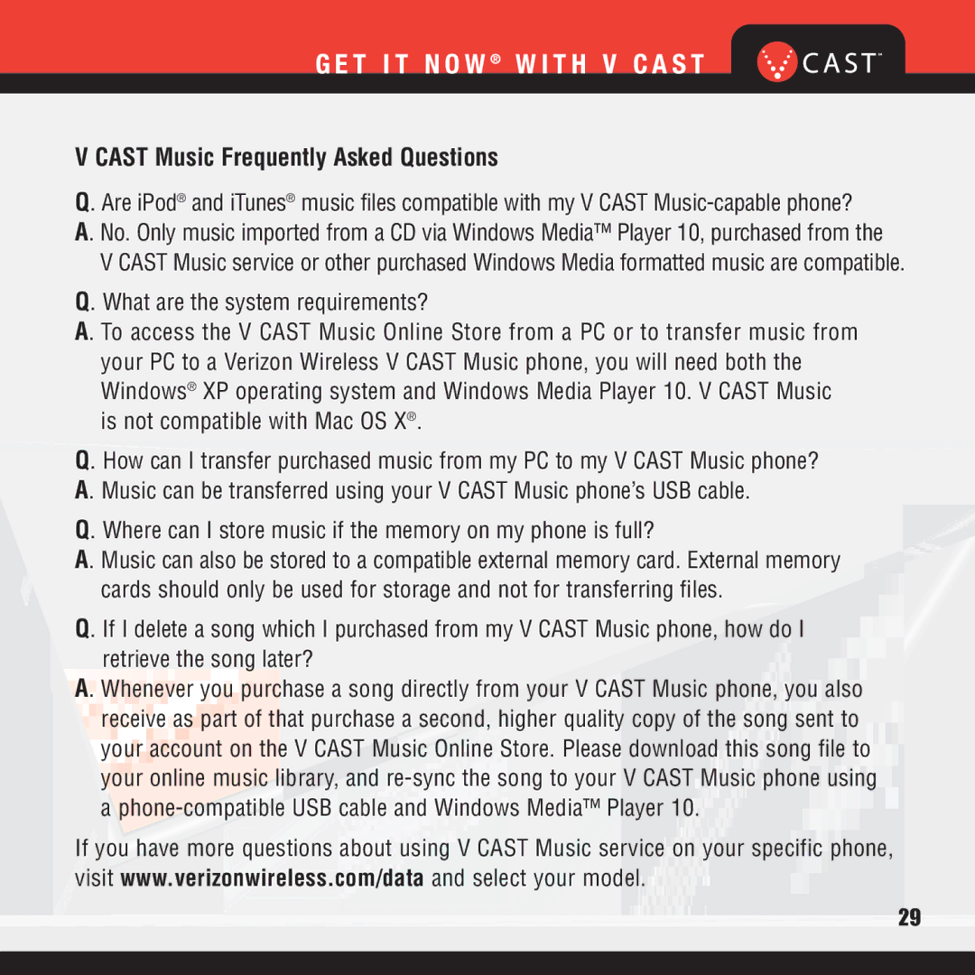 Verizon VX8100 manual Cast Music Frequently Asked Questions 