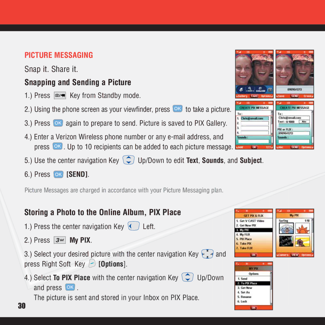 Verizon VX8100 manual Snapping and Sending a Picture, Storing a Photo to the Online Album, PIX Place, Picture Messaging 