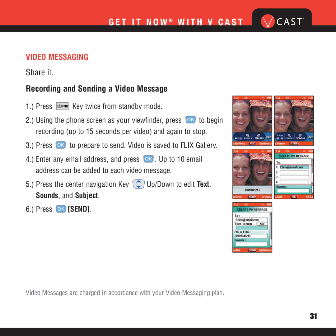 Verizon VX8100 manual Recording and Sending a Video Message, Video Messaging, Press Key twice from standby mode 