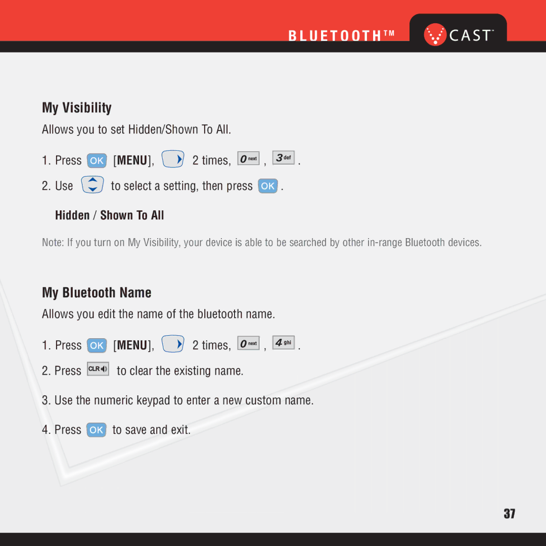 Verizon VX8100 manual My Visibility, My Bluetooth Name 