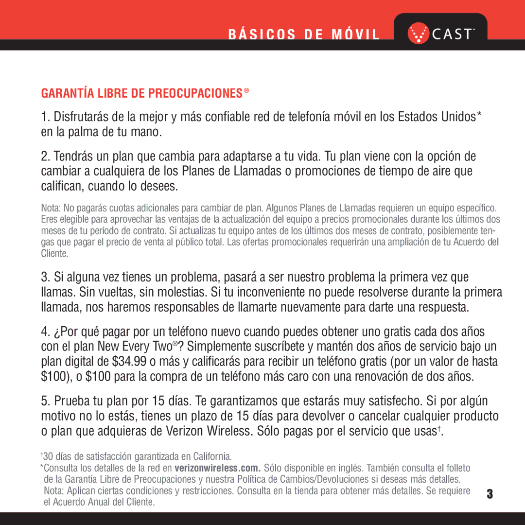 Verizon VX8100 manual Garantía Libre DE Preocupaciones, †30 días de satisfacción garantizada en California 