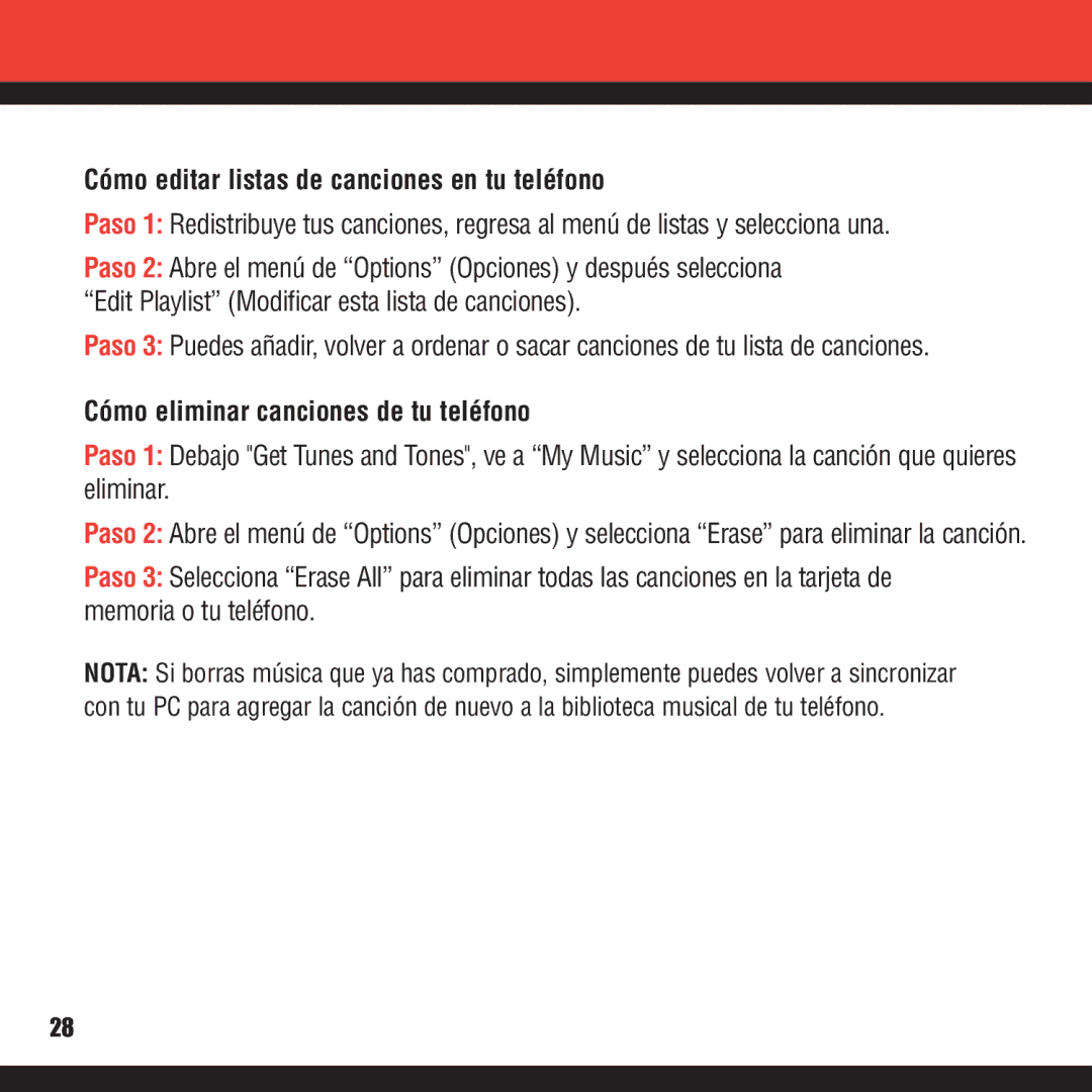 Verizon VX8100 manual Cómo editar listas de canciones en tu teléfono, Cómo eliminar canciones de tu teléfono 