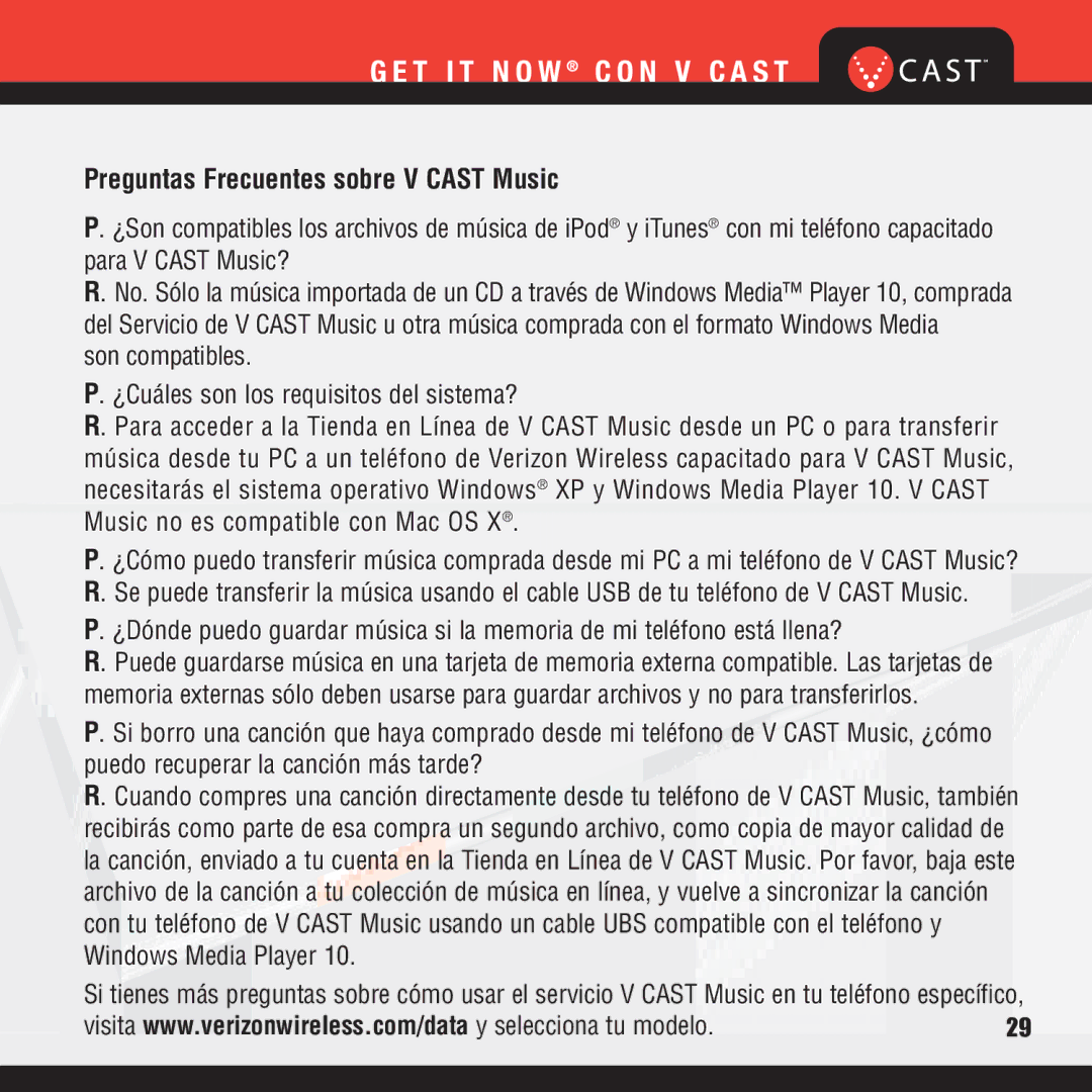 Verizon VX8100 manual Preguntas Frecuentes sobre V Cast Music 