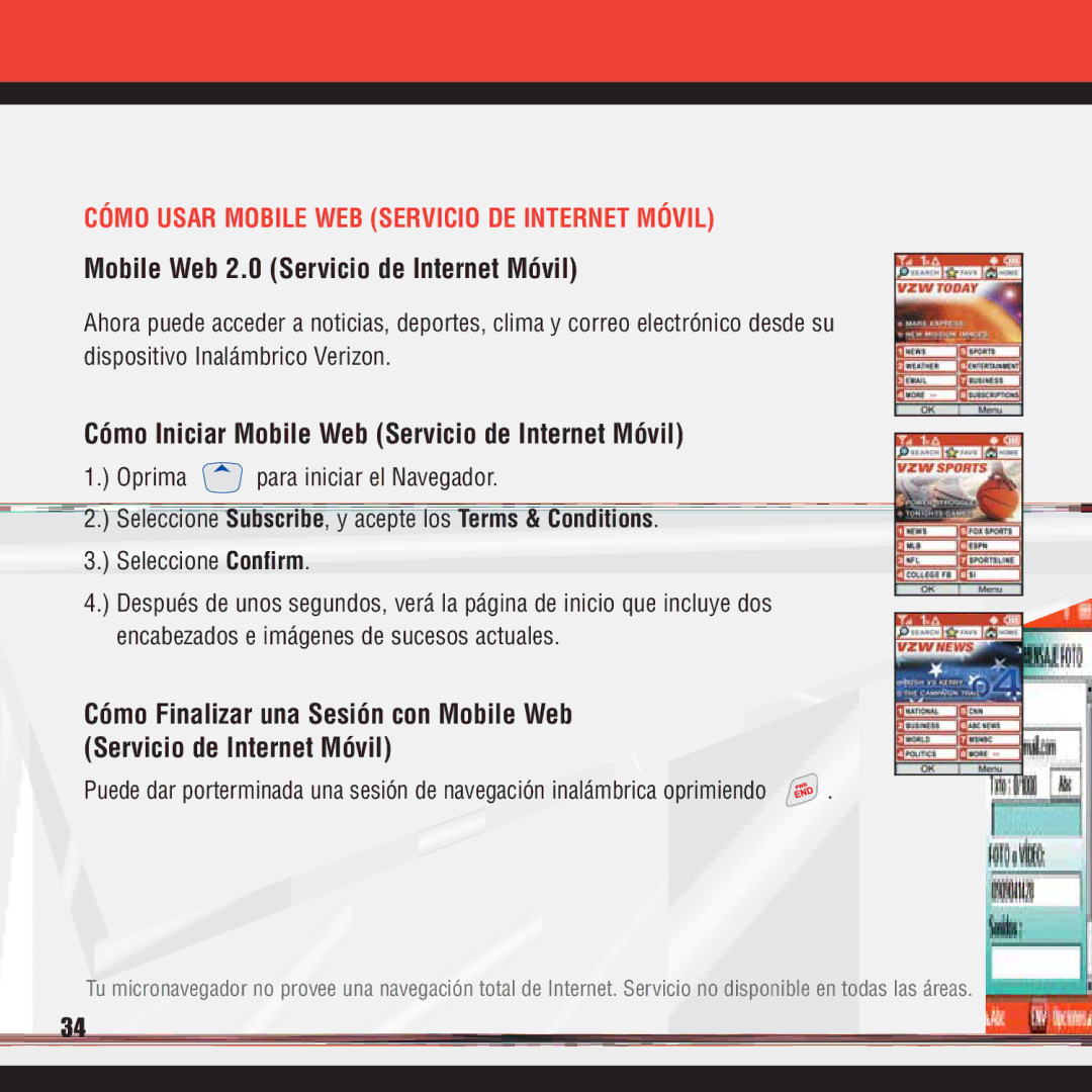 Verizon VX8100 manual Mobile Web 2.0 Servicio de Internet Móvil, Cómo Iniciar Mobile Web Servicio de Internet Móvil 