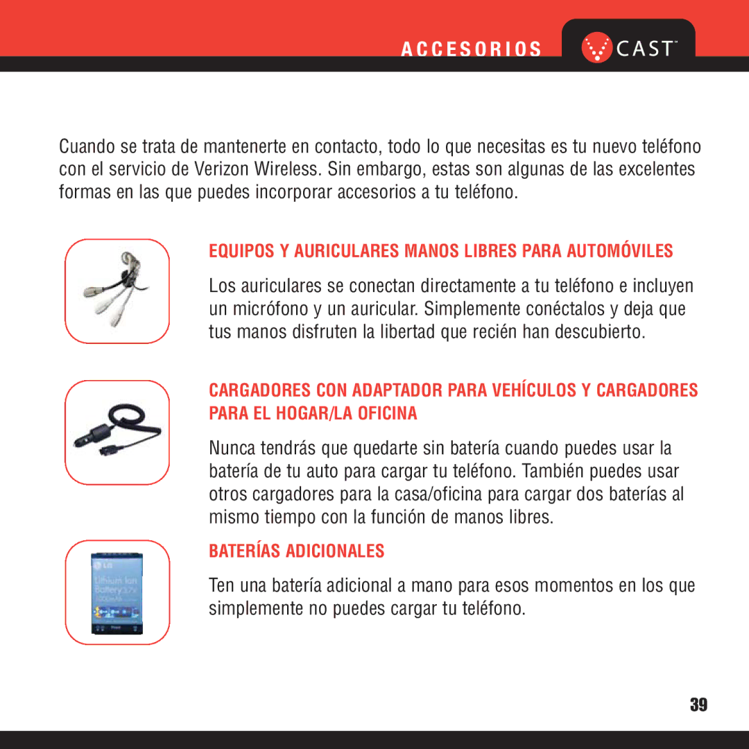 Verizon VX8100 manual Equipos Y Auriculares Manos Libres Para Automóviles, Baterías Adicionales 