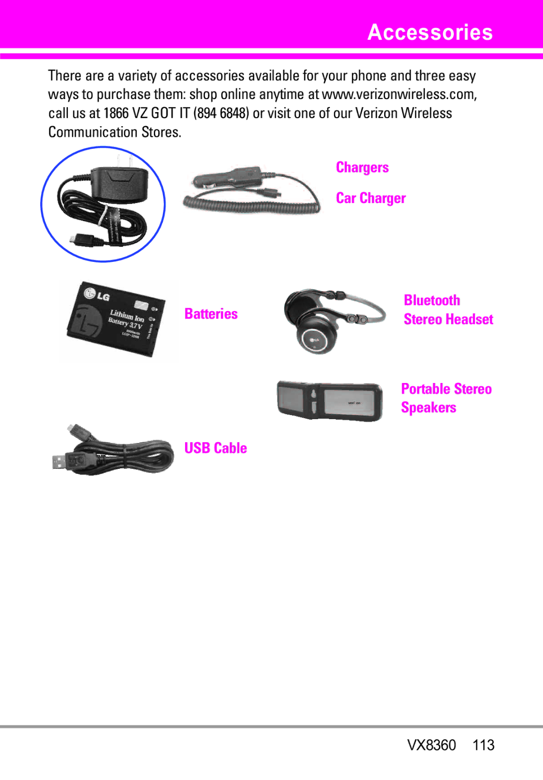 Verizon VX8360 manual Accessories 