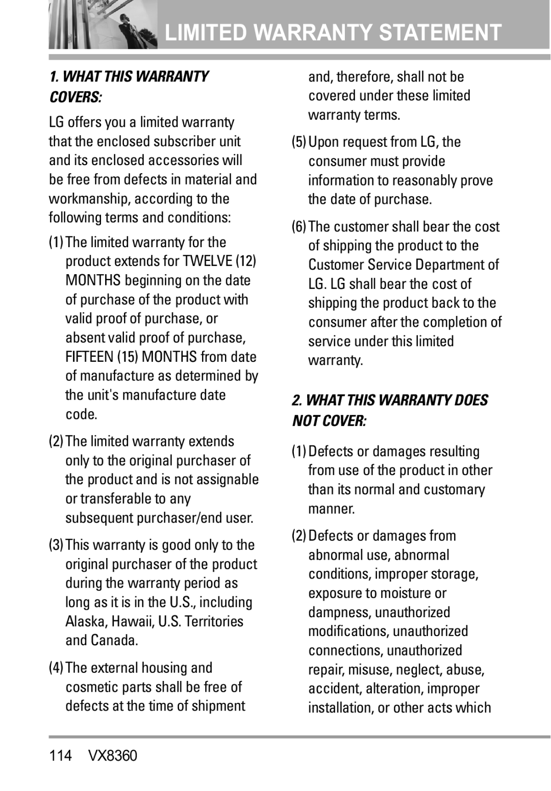 Verizon VX8360 manual Limited Warranty Statement 