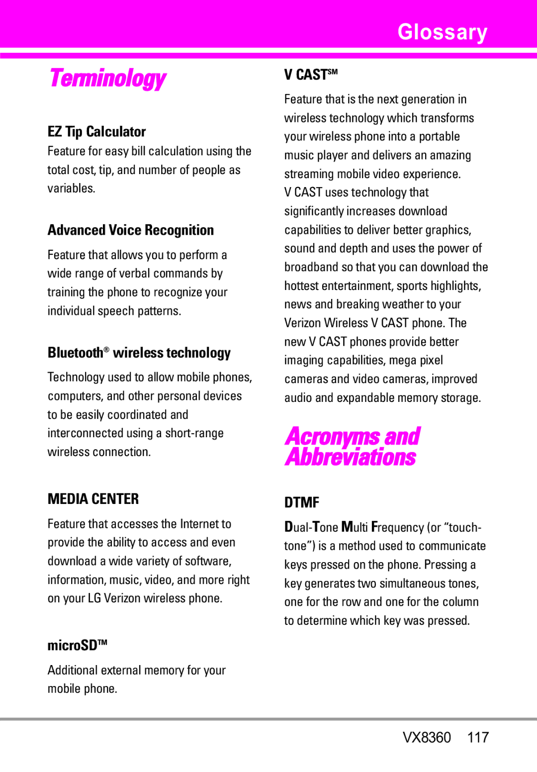 Verizon VX8360 manual Glossary, EZ Tip Calculator, Advanced Voice Recognition, MicroSDTM, Bluetooth wireless technology 