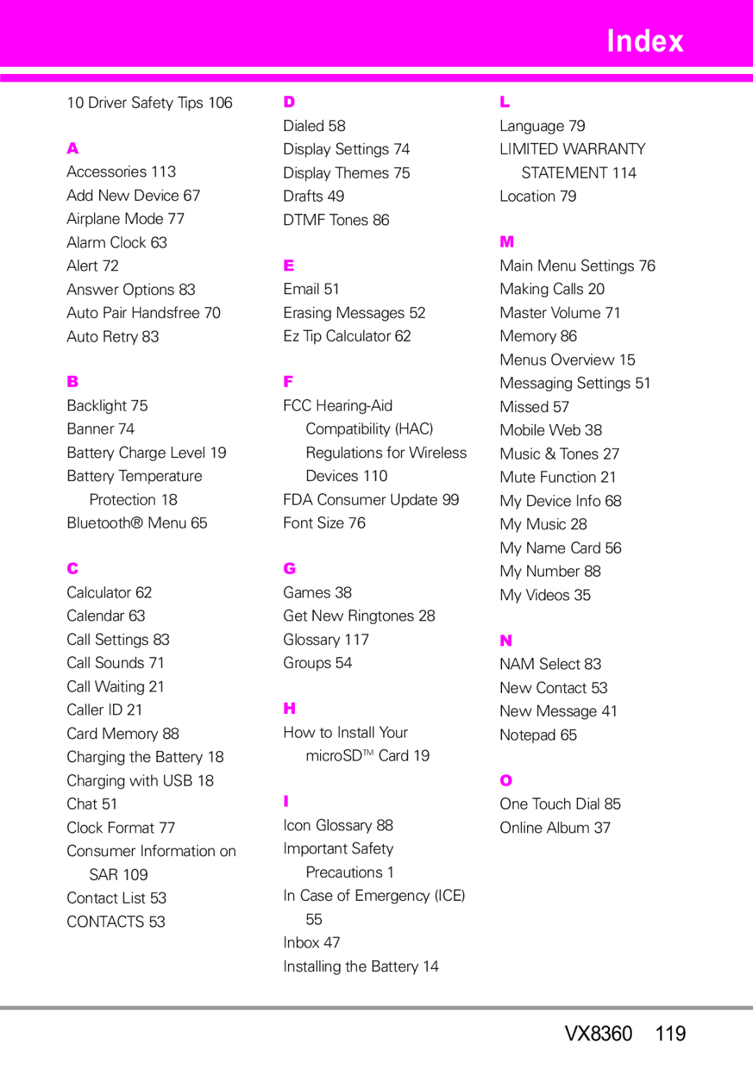 Verizon VX8360 manual Index, Contacts 