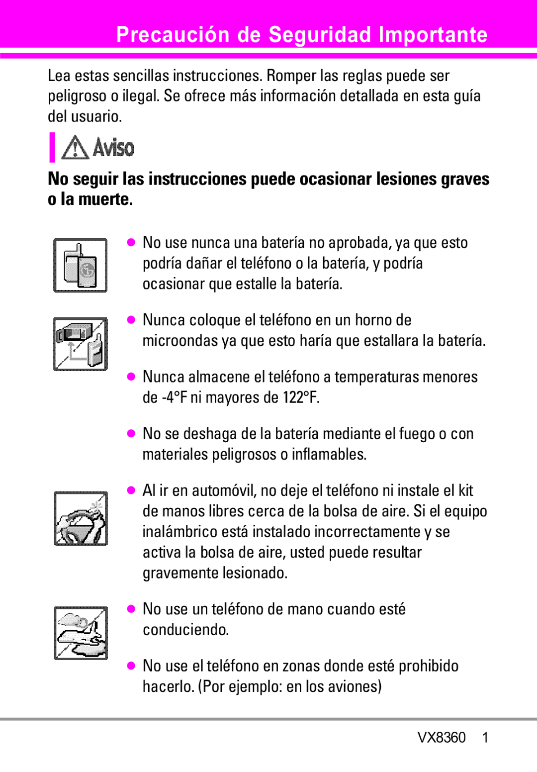 Verizon VX8360 manual Precaución de Seguridad Importante, No use un teléfono de mano cuando esté conduciendo 