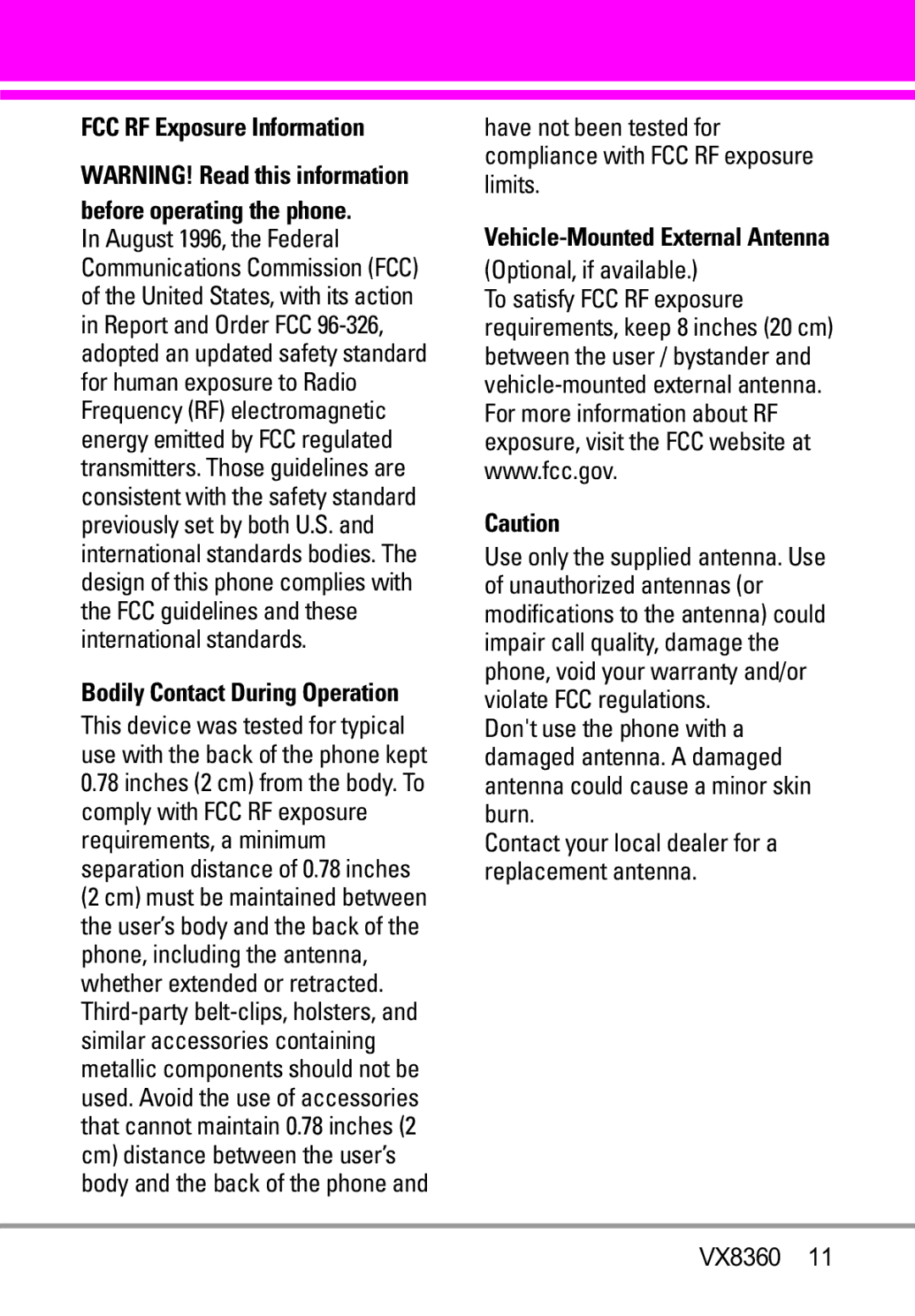 Verizon VX8360 manual FCC RF Exposure Information, Optional, if available, Bodily Contact During Operation 