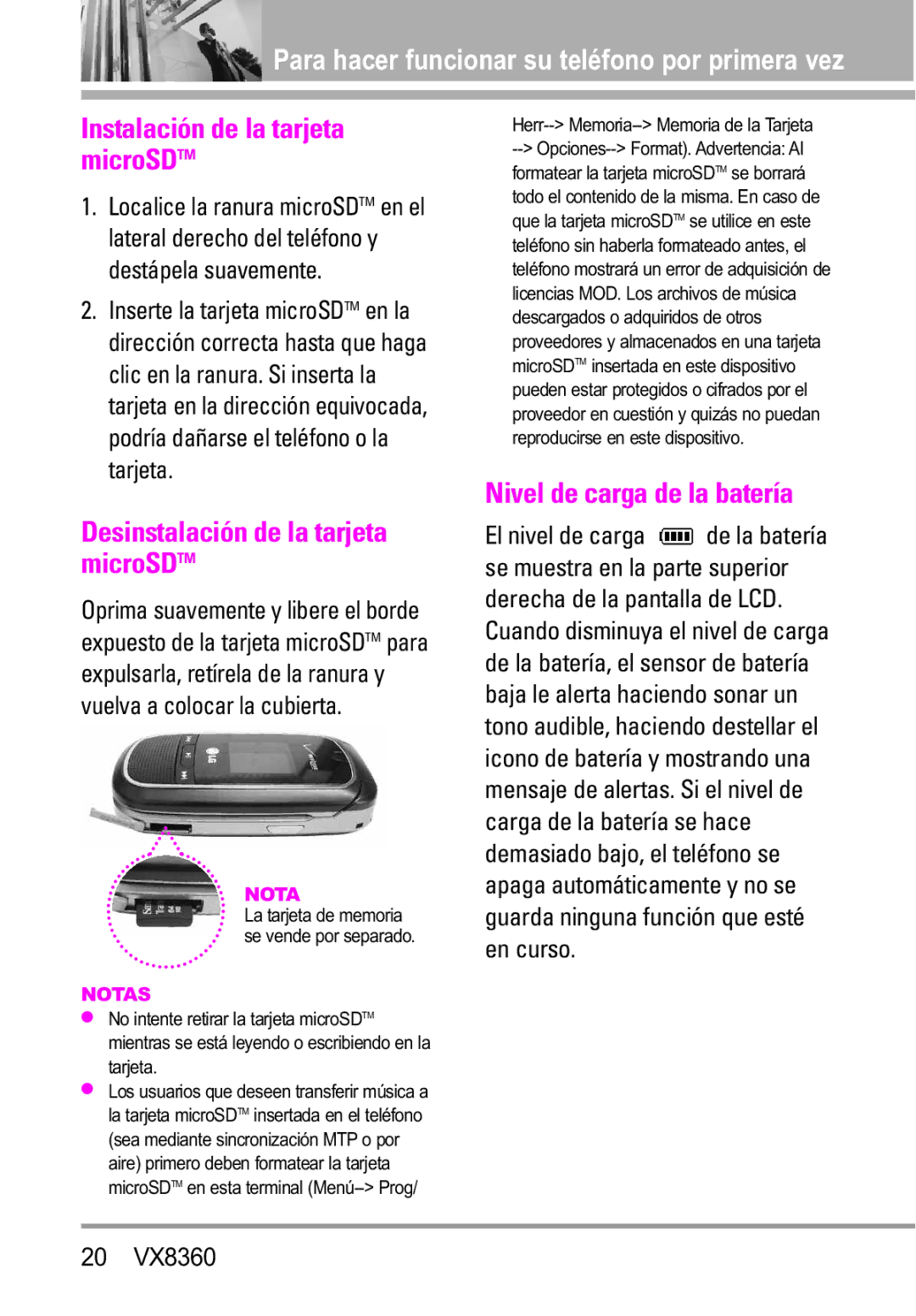 Verizon VX8360 manual Instalación de la tarjeta microSDTM, Notas 