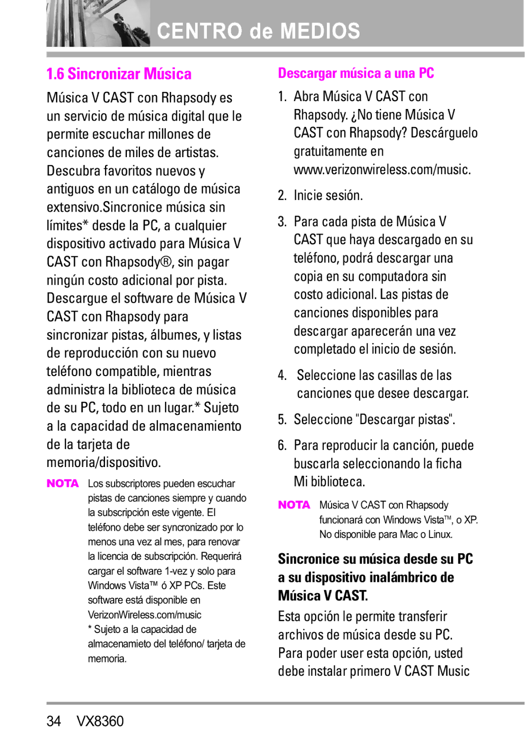 Verizon VX8360 manual Sincronizar Música, Memoria/dispositivo, Inicie sesión, Seleccione Descargar pistas, Mi biblioteca 