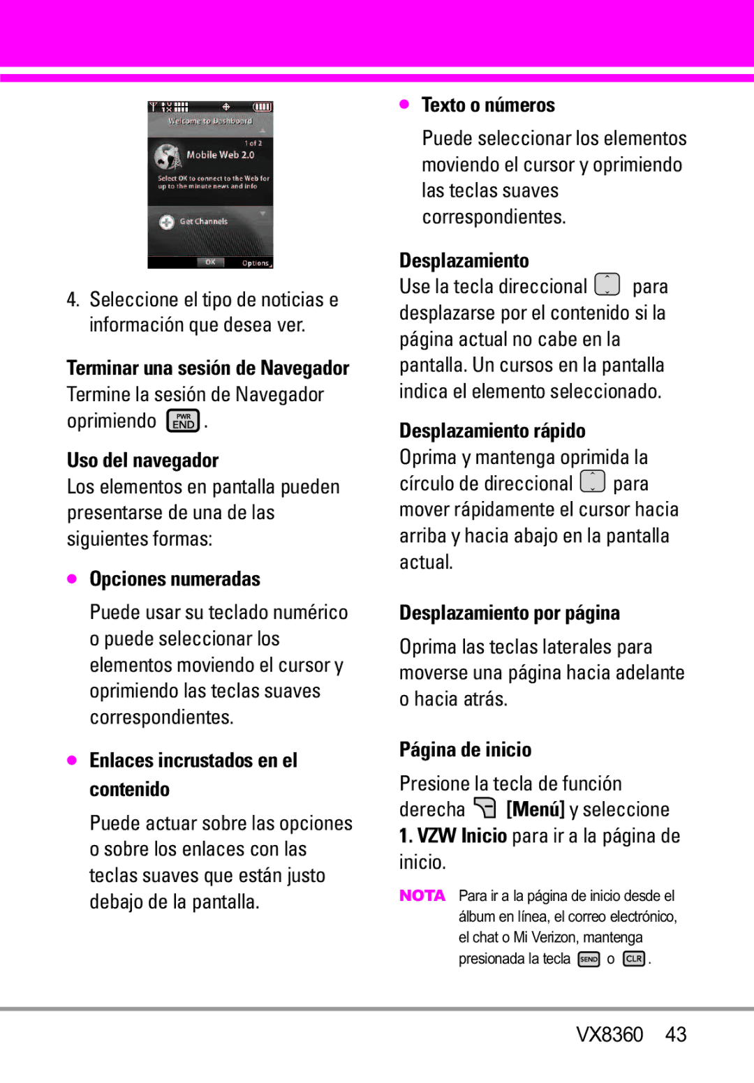 Verizon VX8360 Uso del navegador, Opciones numeradas, Enlaces incrustados en el contenido, Texto o números, Desplazamiento 