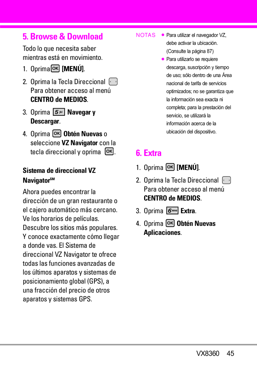 Verizon VX8360 manual Tecla direccional y oprima, Oprima Extra, Sistema de direccional VZ NavigatorSM 